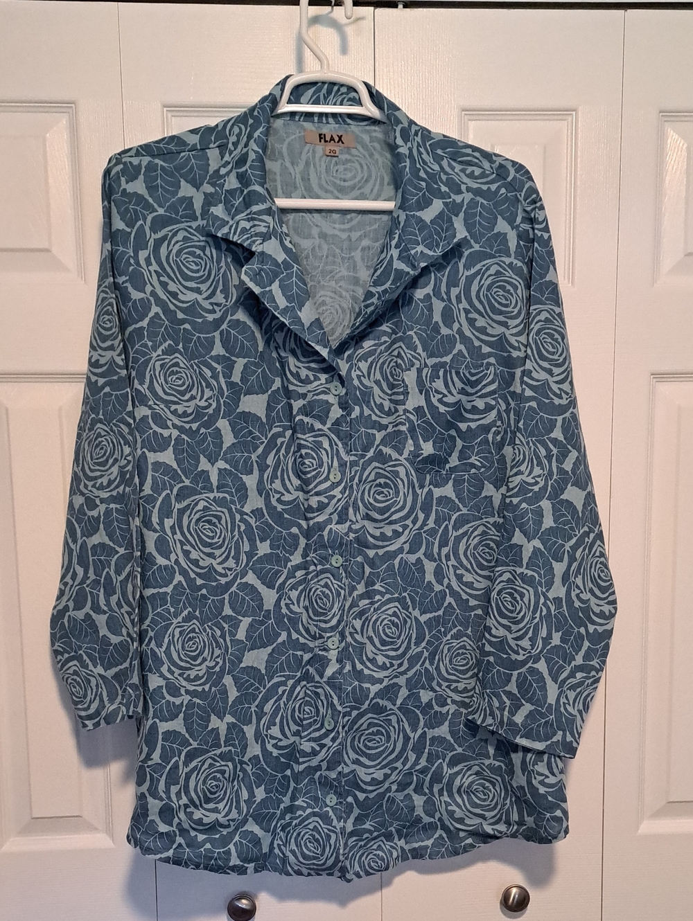 Flax 2G Blue Rose-Print Button Front Shirt In Linen NWOT